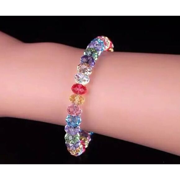 New! Mulitcolor Faceted Crystal Glass Beaded Bracelet Beautiful! - Picture 3 of 4